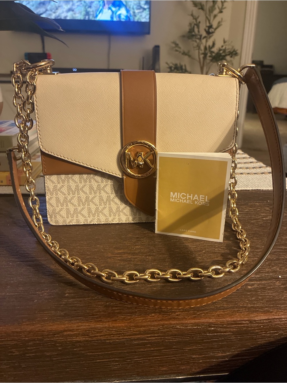 Michael Kors Greenwich Bag in Cream and Brown with Gold Hardware